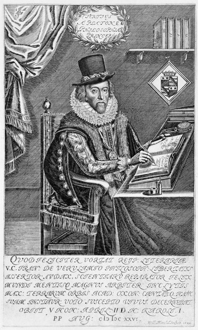 Portrait of Francis Bacon (1561-1626) Viscount of St. Albans Writing at his Desk by William Marshall